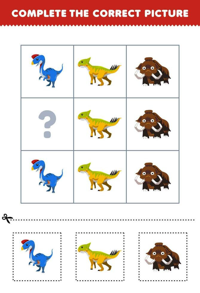 Educação jogos para crianças para escolher e completo a corrigir cenário do uma fofa desenho animado oviraptor leptoceratops ou mamute imprimível dinossauro planilha vetor