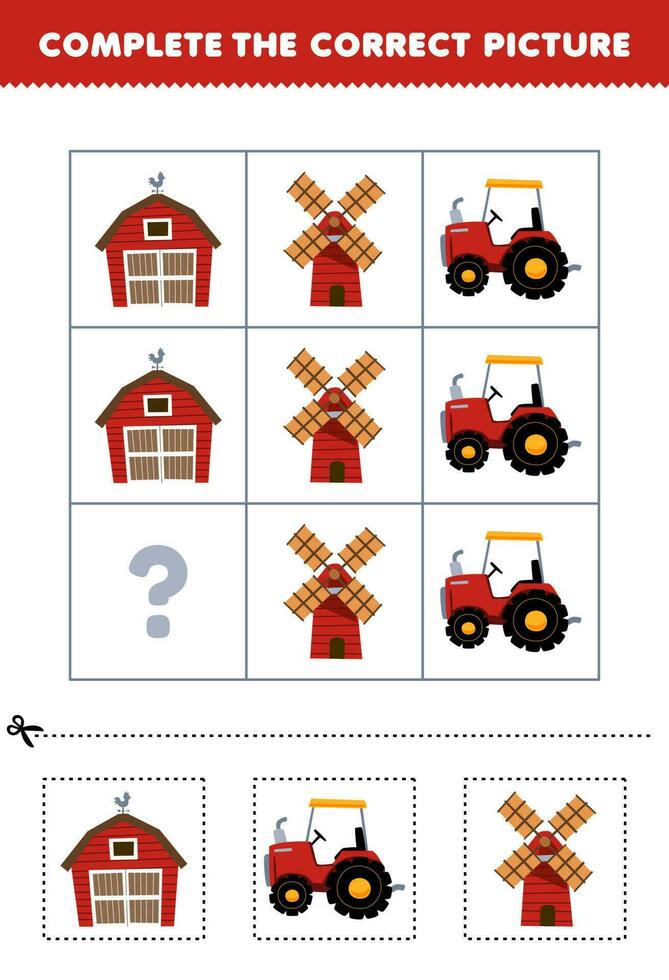 Educação jogos para crianças para escolher e completo a corrigir cenário do uma fofa desenho animado celeiro trator ou moinho de vento imprimível Fazenda planilha vetor