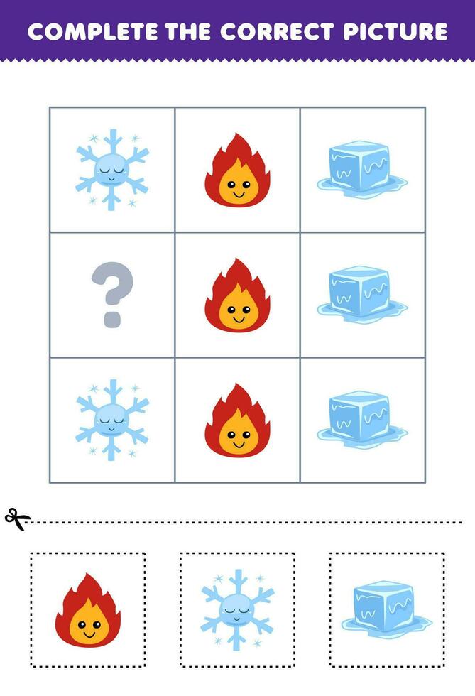 Educação jogos para crianças para escolher e completo a corrigir cenário do uma fofa desenho animado fogo floco de neve ou gelo imprimível natureza planilha vetor
