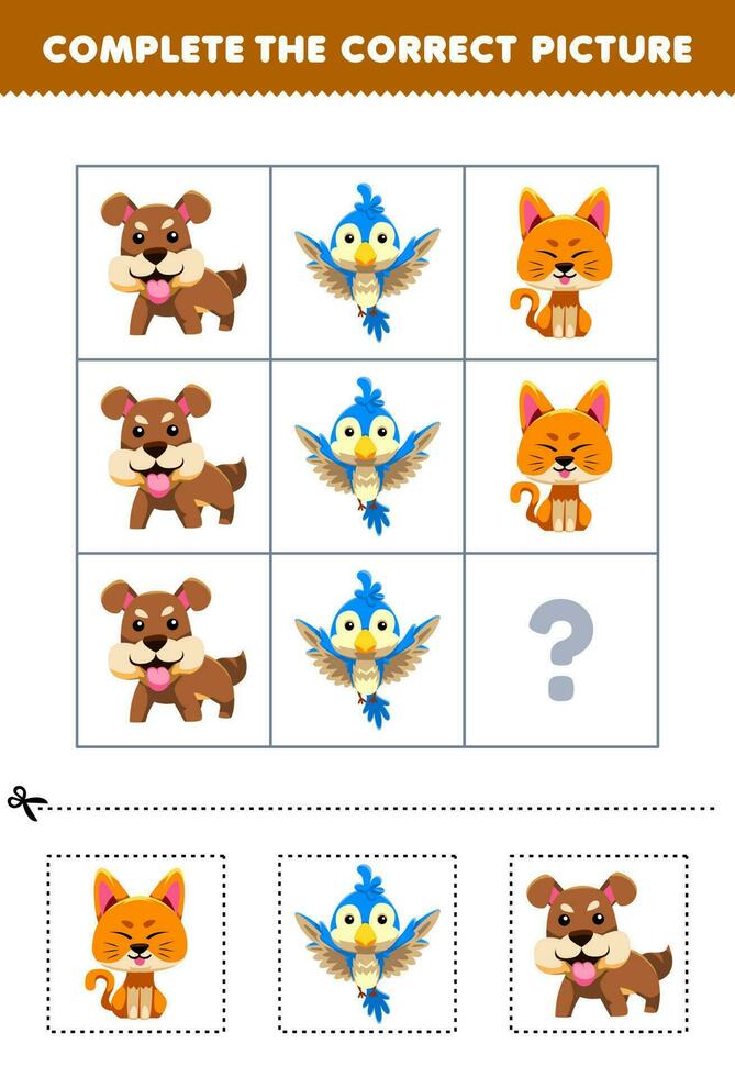 Educação jogos para crianças para escolher e completo a corrigir cenário do uma fofa desenho animado gato pássaro ou cachorro imprimível animal planilha vetor