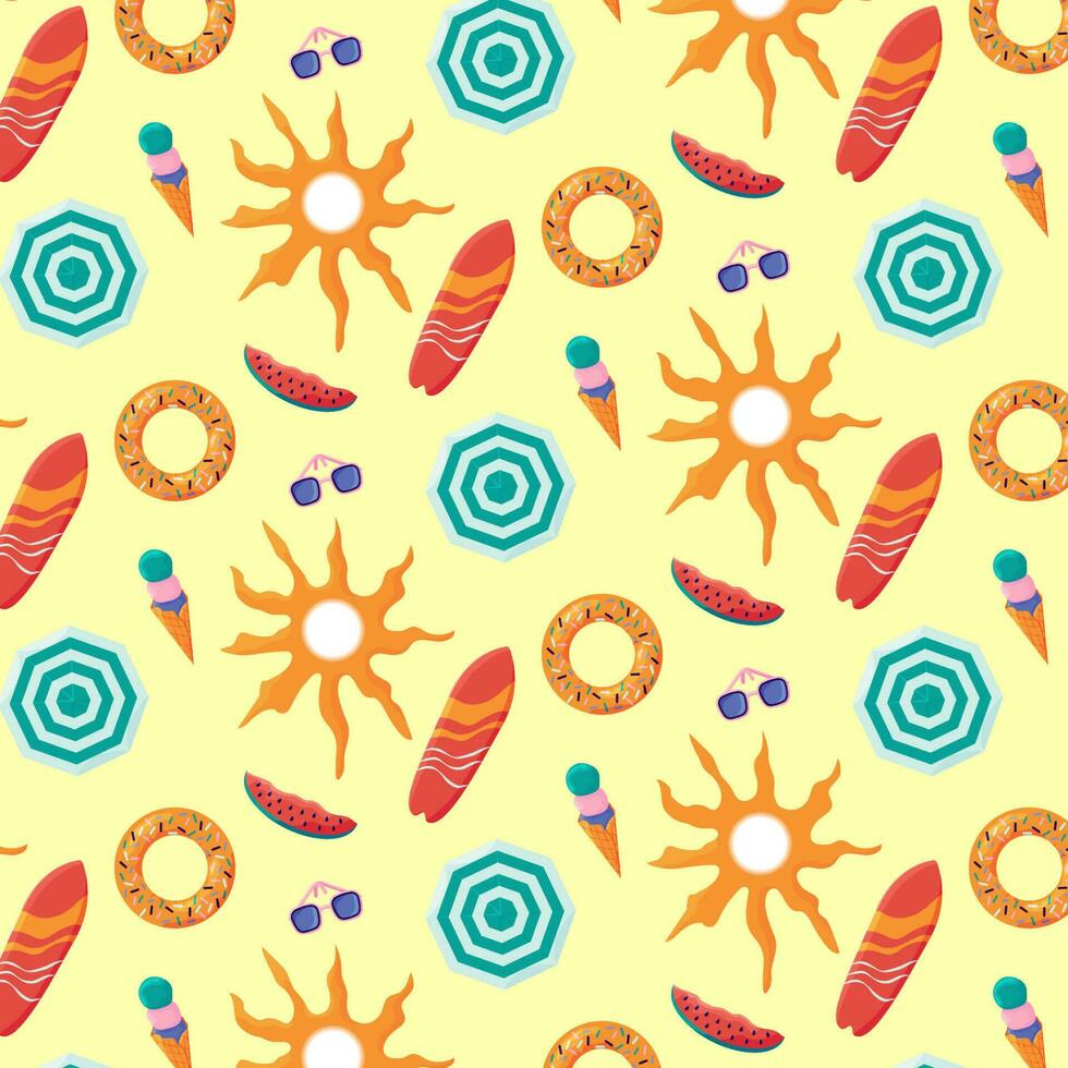 colorida desatado verão padronizar com guarda-chuva, rosquinha borracha anel, oculos de sol, sorvete cone, prancha de surfe, Melancia fatia vetor