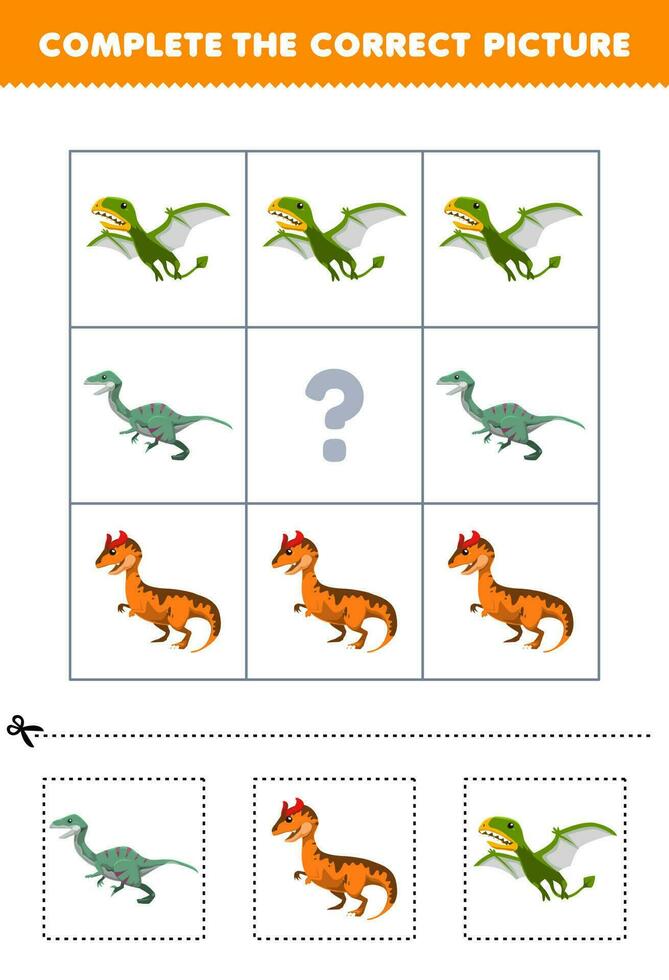 Educação jogos para crianças para escolher e completo a corrigir cenário do uma fofa desenho animado velociraptor crilofossauro ou dimorfodonte imprimível dinossauro planilha vetor