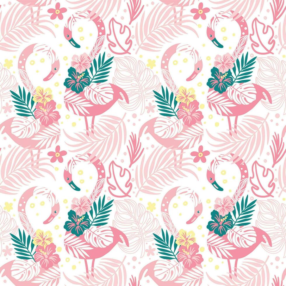 Rosa flamingo dentro exótico floresta em branco fundo. verão imprimir. desatado padronizar. vetor. vetor