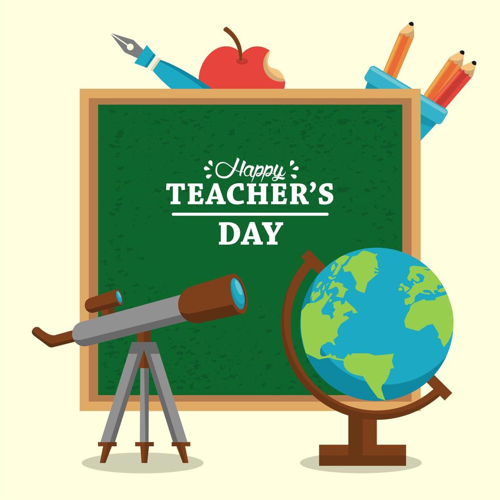 cartão de feliz dia dos professores com quadro-negro e mapa terrestre vetor