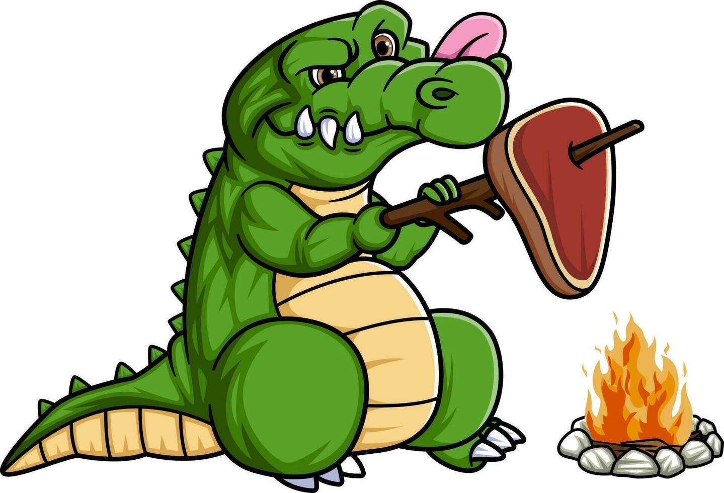 desenho animado fofa crocodilo grelhar carne em fogo vetor