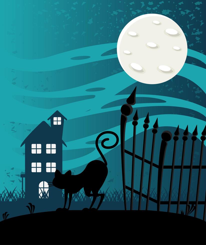 cartão de feliz festa de halloween com casa assombrada e cena de gato vetor