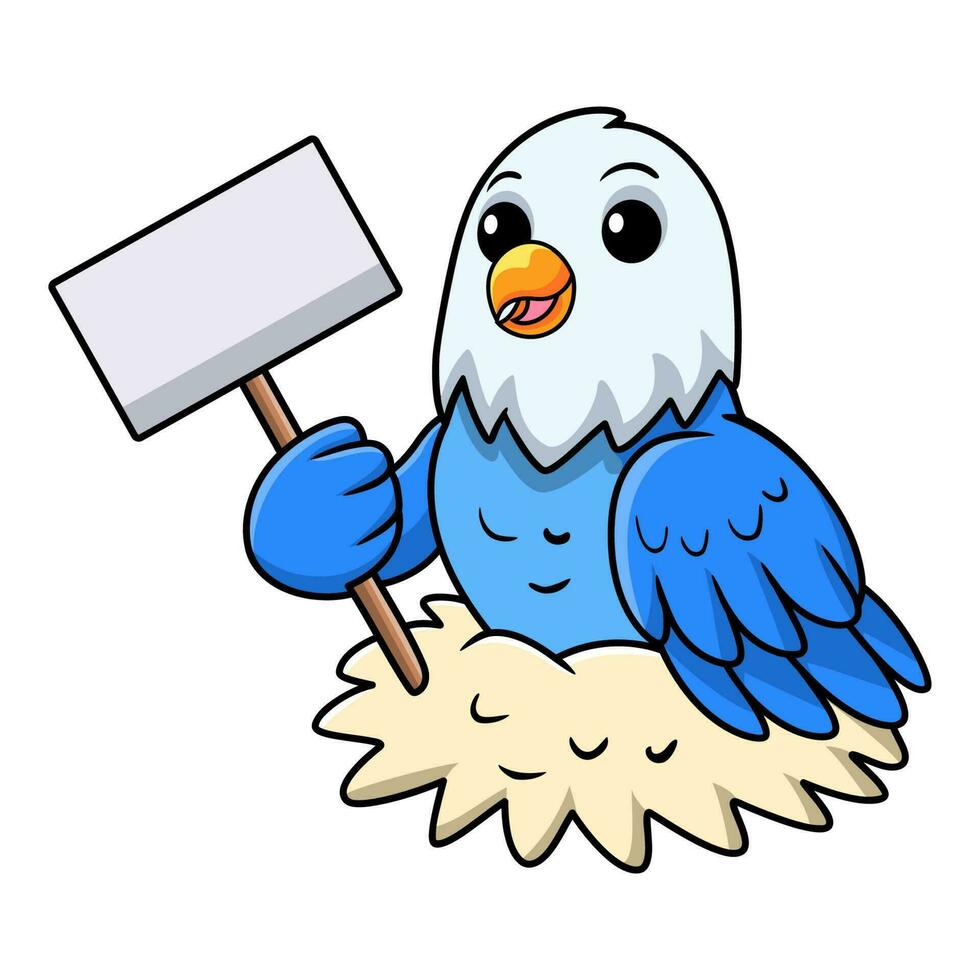 fofa azul amor pássaro desenho animado segurando em branco placa vetor