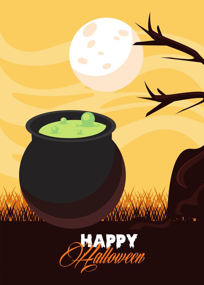 cartão de feliz festa de halloween com caldeirão e lua vetor