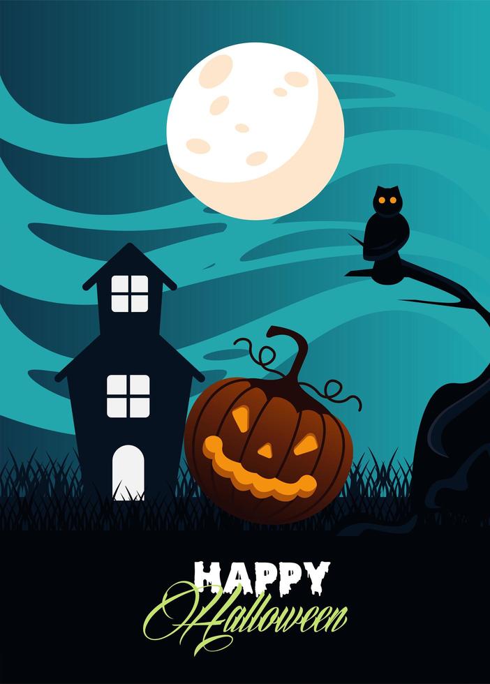 cartão de feliz festa de halloween com casa mal-assombrada e cena de abóbora vetor