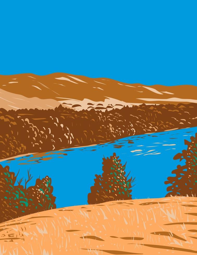 rio kings no vale de san joaquin originando-se ao longo da crista da serra no parque nacional kings canyon, na região central da califórnia arte de pôster wpa vetor