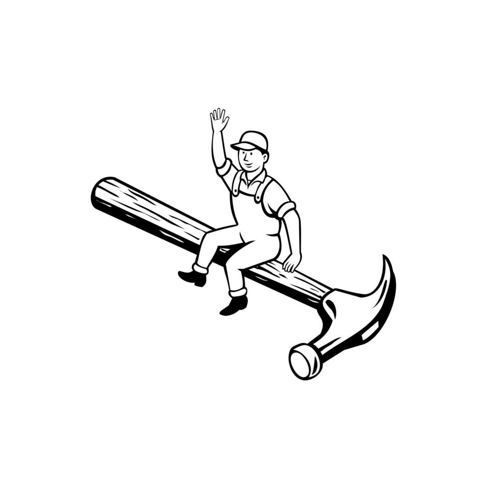 carpinteiro ou trabalhador braçal sentado em um martelo acenando um olá em estilo retrô de desenho animado vetor