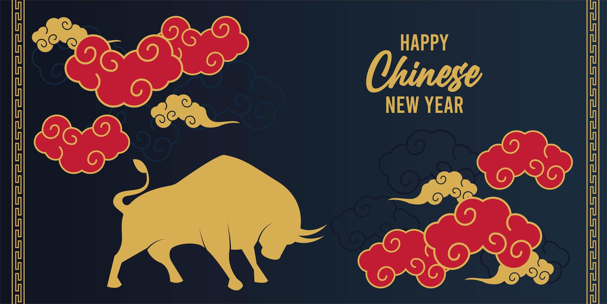 cartão de letras de feliz ano novo chinês com boi dourado e nuvens vermelhas vetor
