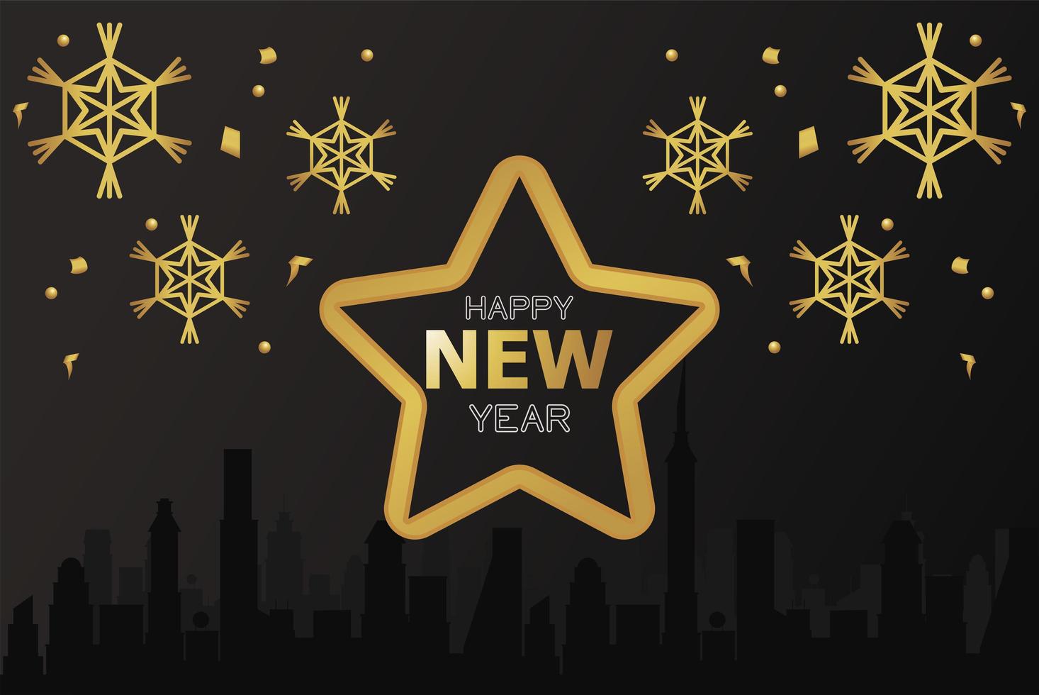 cartão de feliz ano novo com estrela dourada e flocos de neve vetor