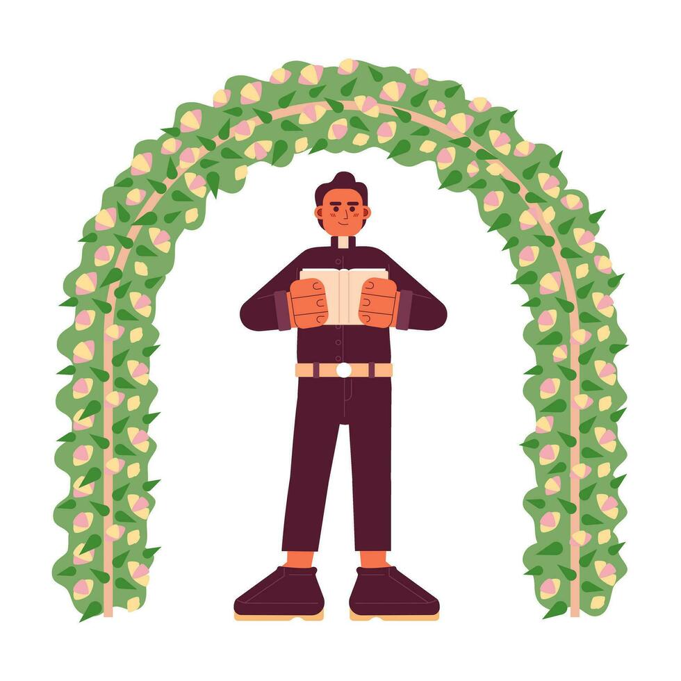 Casamento pregador plano conceito vetor local ilustração. Casamento oficiante debaixo flores arco 2d desenho animado personagem em branco para rede ui Projeto. católico sacerdote isolado editável criativo herói imagem