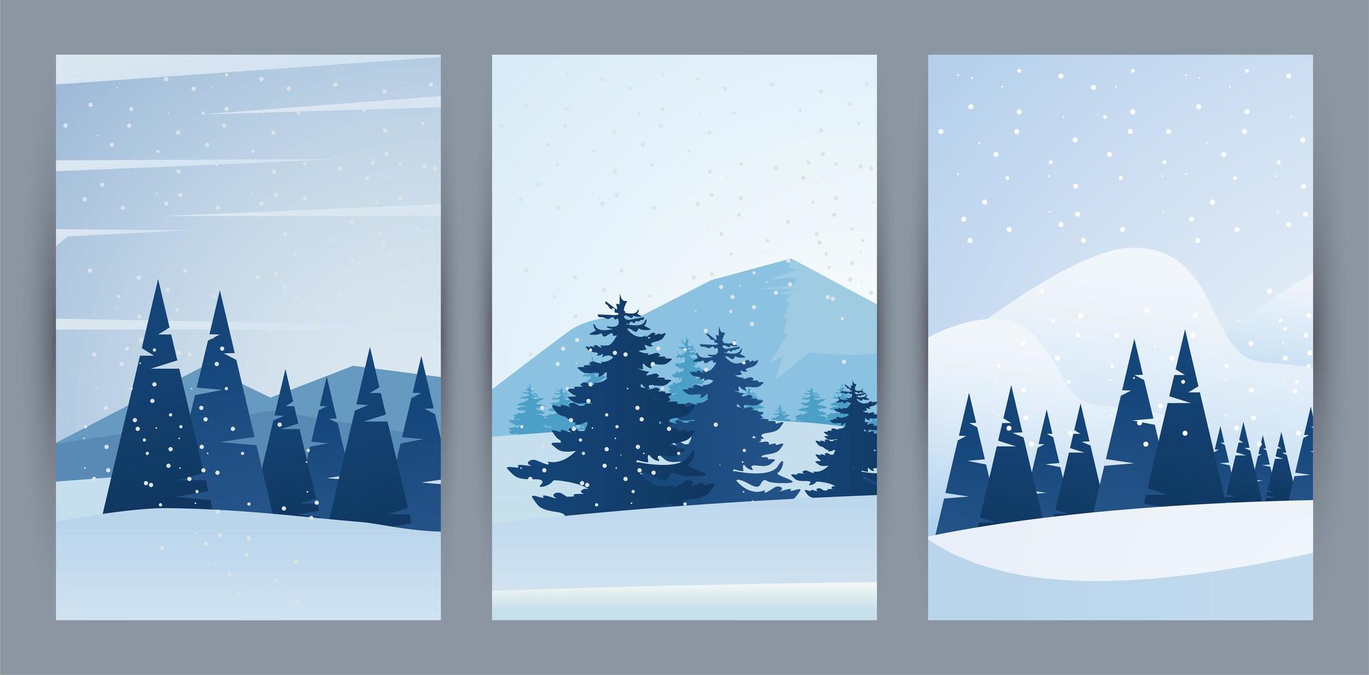 beleza inverno três cenas de paisagens com floresta vetor