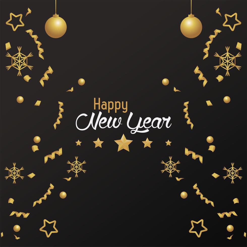 cartão de feliz ano novo com bolas douradas e modelo de confete vetor
