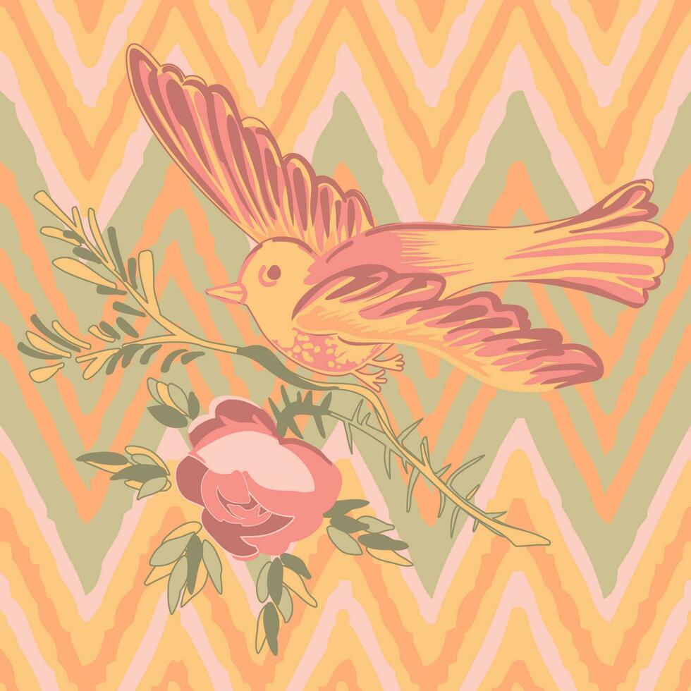 desenhando pássaro vôo com flor rosas tropical vintage imprimir, listras ziguezague padronizar grunge retro fundo dentro pastel cores. vetor ilustração para projeto, moda, têxtil, cumprimento cartão