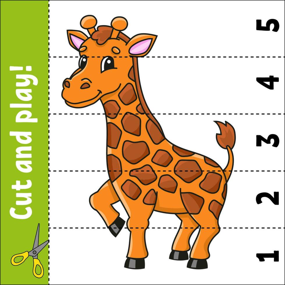 Aprendendo números 1-5. girafa animal. cortar e jogar. Educação planilha. jogos para crianças. cor atividade página. enigma para crianças. enigma para pré escola. vetor ilustração. coon estilo.