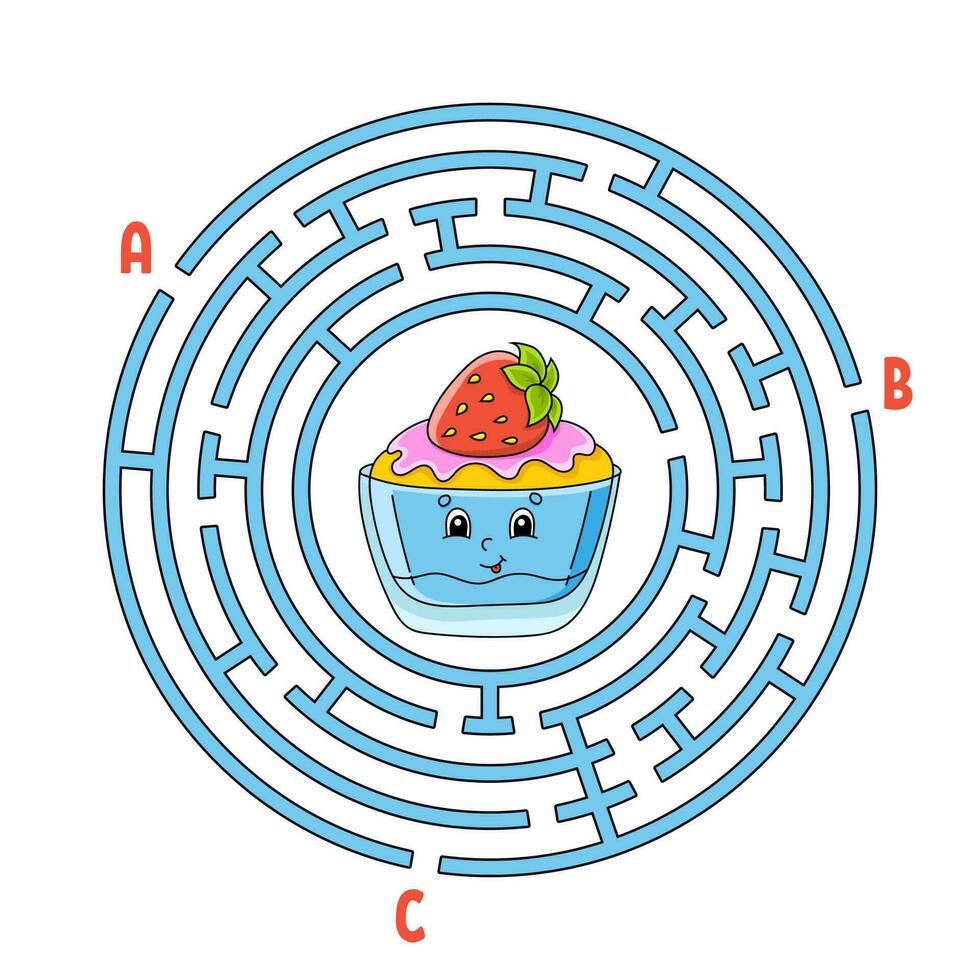 labirinto de círculo. jogo para crianças. quebra-cabeça para crianças. enigma do labirinto redondo. encontrar o caminho certo. tema de aniversário. ilustração vetorial. vetor