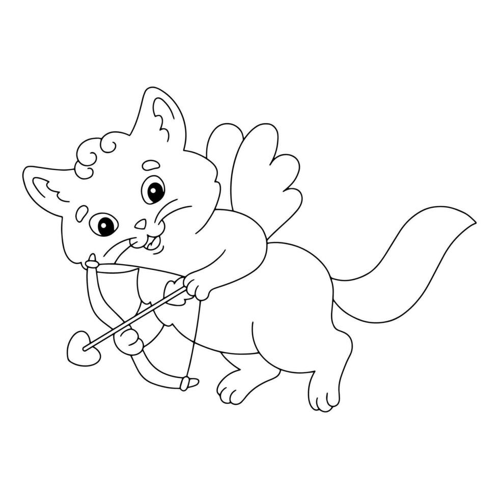 cupido gato. coloração livro página para crianças. desenho animado estilo personagem. vetor ilustração isolado em branco fundo. dia dos namorados dia.