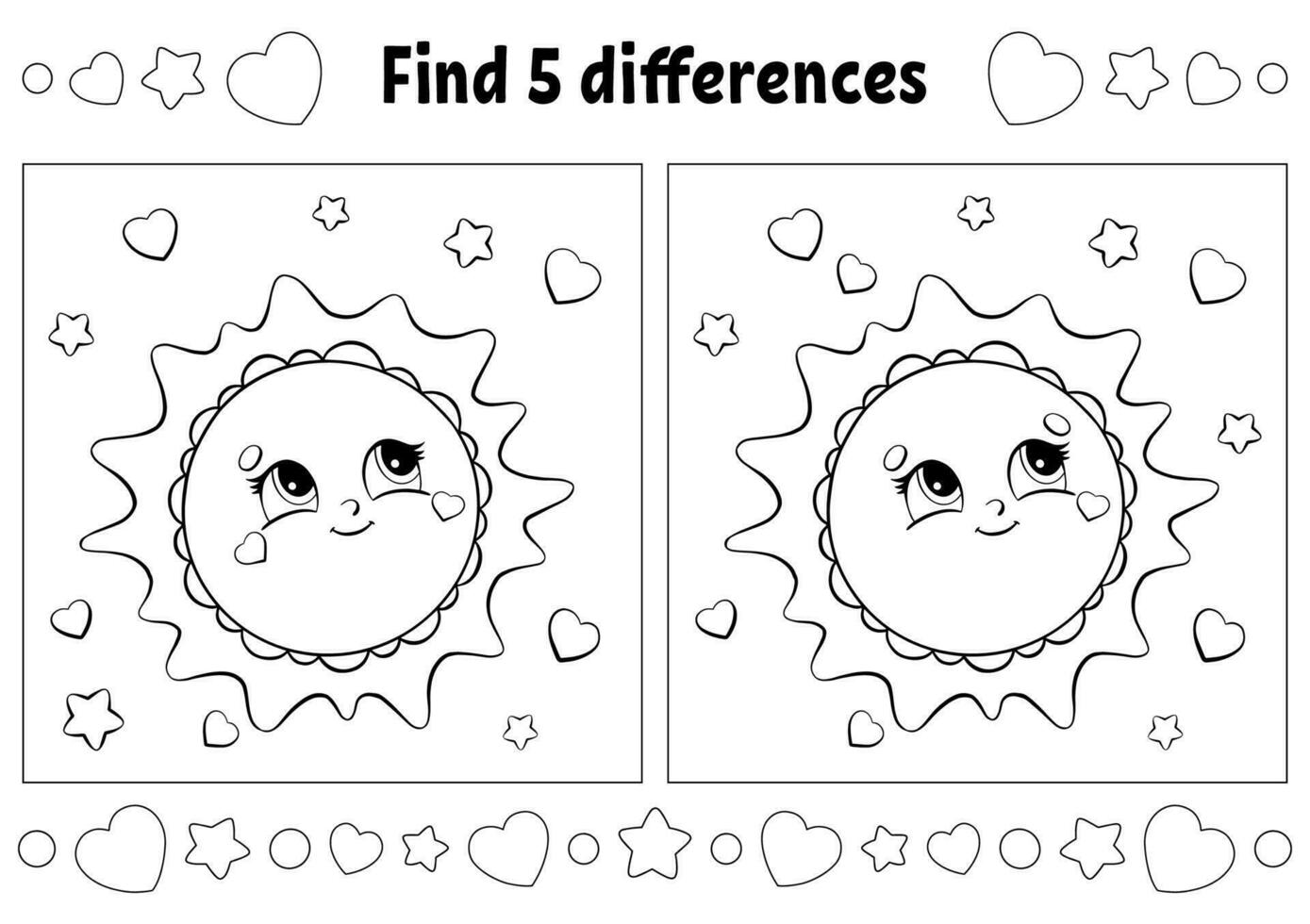 encontrar cinco diferenças. página para colorir para crianças. ficha de atividades para crianças. ilustração vetorial isolada no fundo branco. vetor