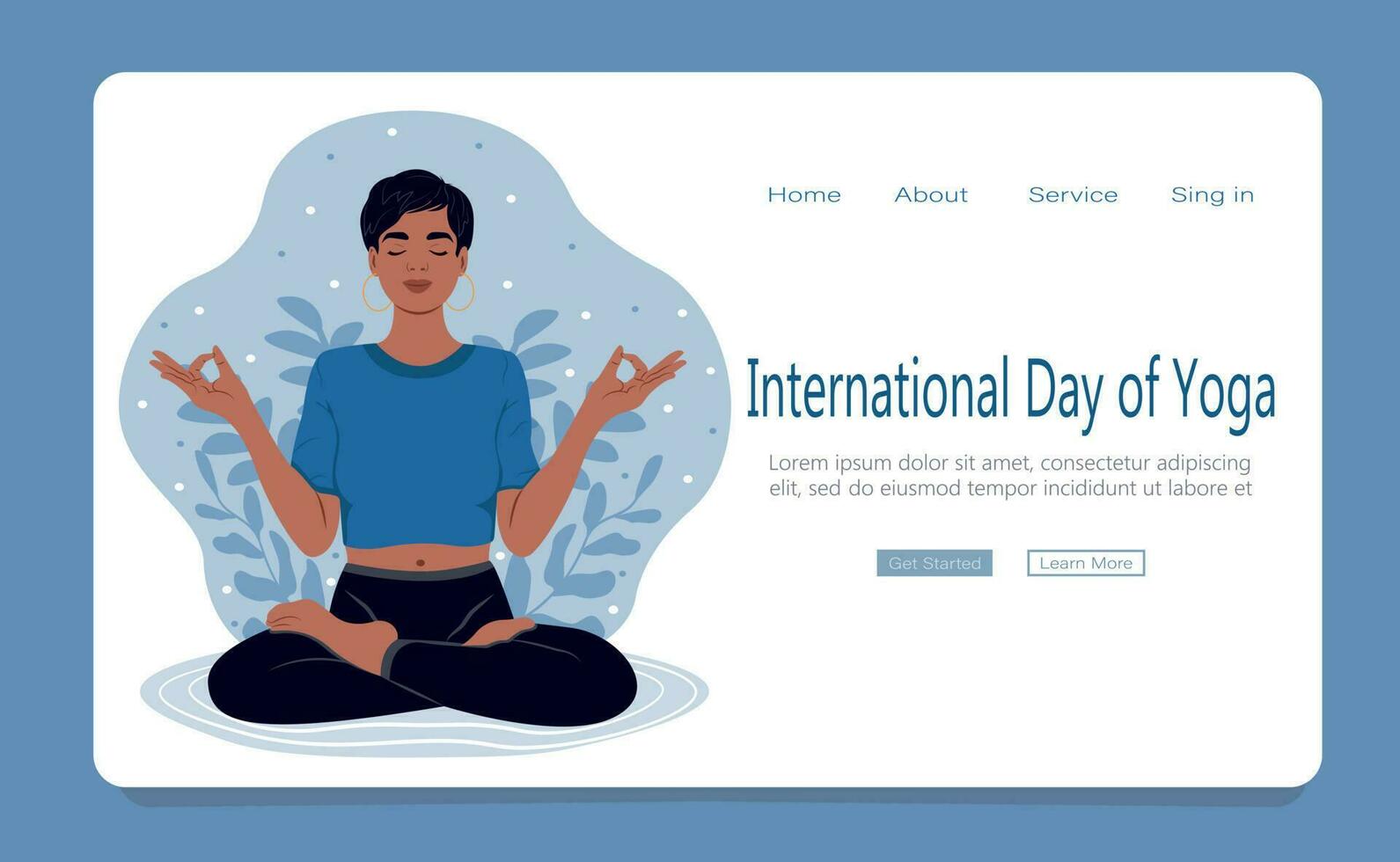 internacional dia do ioga. mulher com fechadas olhos meditando dentro ioga lótus postura. rede página modelo. plano vetor ilustração.