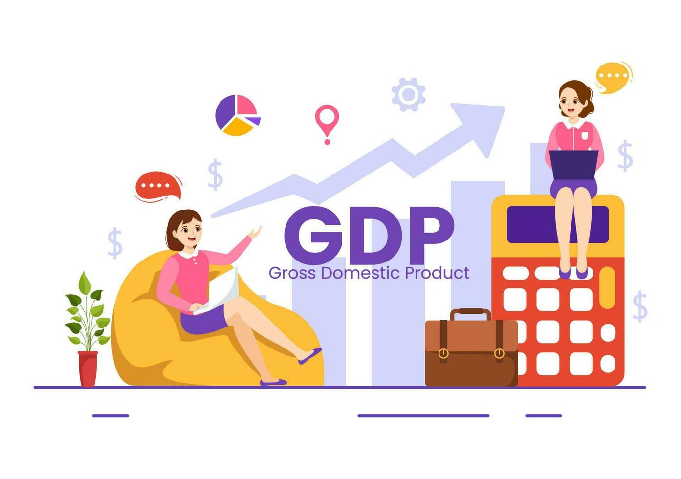 gdp ou Bruto doméstico produtos vetor ilustração com econômico crescimento coluna e mercado produtividade gráfico dentro plano desenho animado mão desenhado modelos