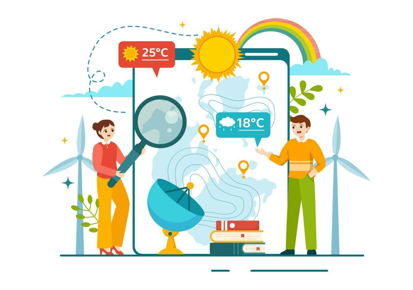 meteorologista vetor ilustração com clima previsão e atmosférico precipitação mapa dentro plano desenho animado mão desenhado aterrissagem página modelos