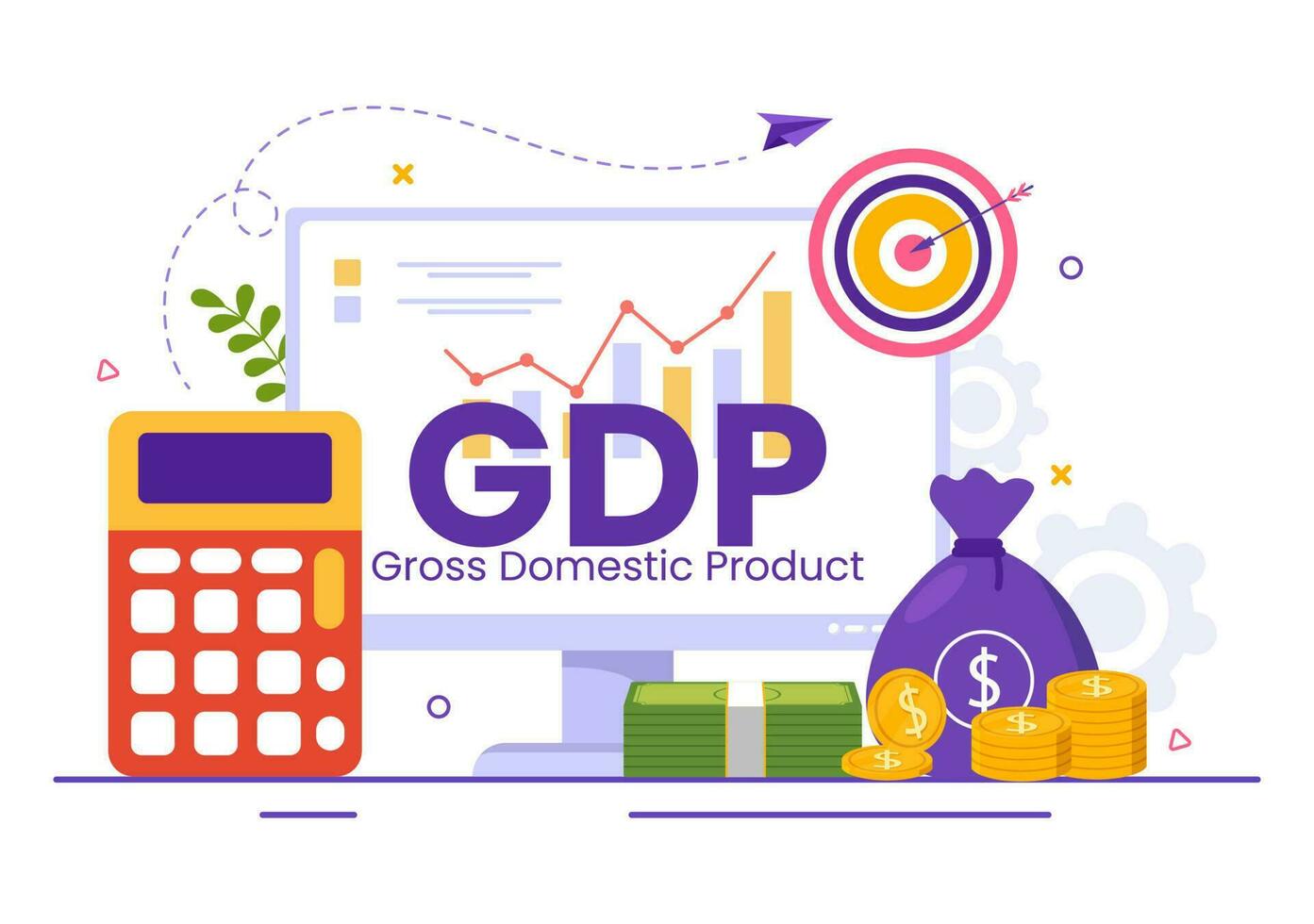 gdp ou Bruto doméstico produtos vetor ilustração com econômico crescimento coluna e mercado produtividade gráfico dentro plano desenho animado mão desenhado modelos