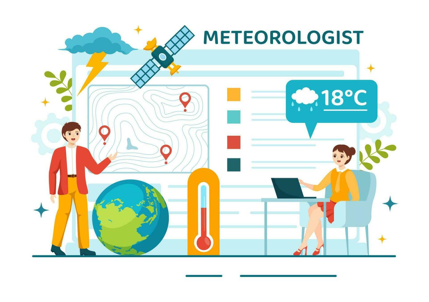 meteorologista vetor ilustração com clima previsão e atmosférico precipitação mapa dentro plano desenho animado mão desenhado aterrissagem página modelos