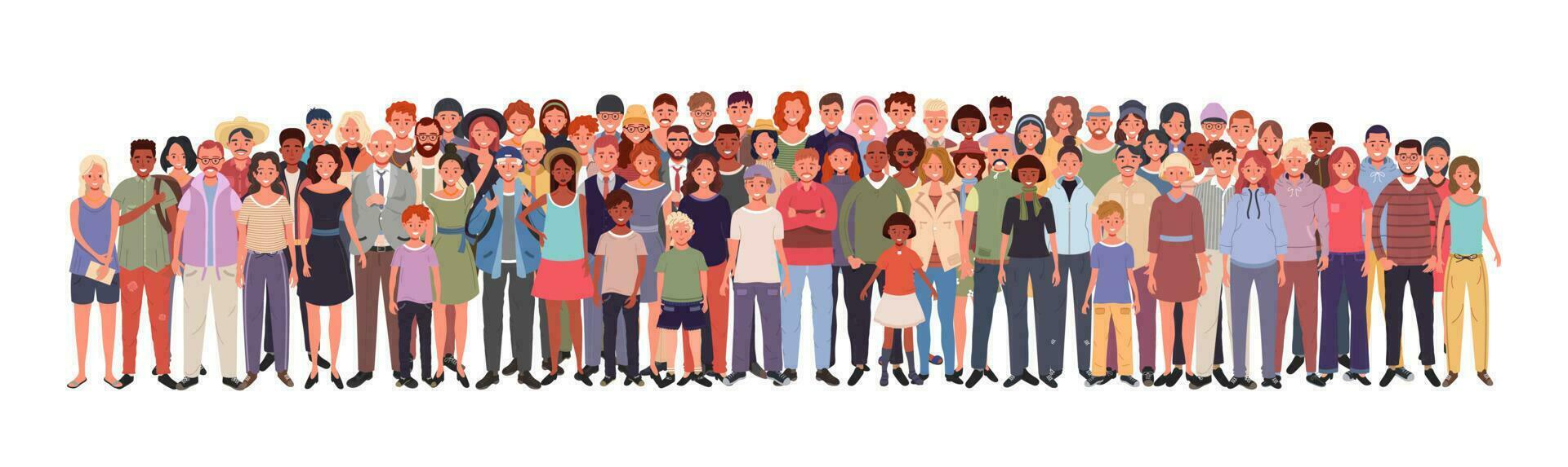 multiétnico grupo do pessoas isolado em branco fundo. jovem, adultos e idosos. crianças e adolescentes ficar de pé junto. vetor ilustração do homens e mulheres do diferente nacionalidades e idades.