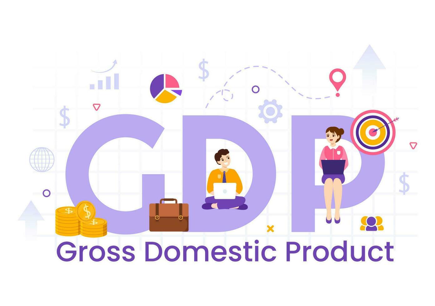 gdp ou Bruto doméstico produtos vetor ilustração com econômico crescimento coluna e mercado produtividade gráfico dentro plano desenho animado mão desenhado modelos