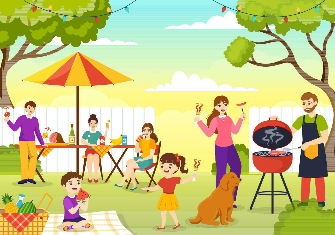 churrasco e grade conjunto vetor ilustração crianças grelhar ou churrasco festa Comida às parque dentro festival e verão cozinhando desenho animado mão desenhado modelos