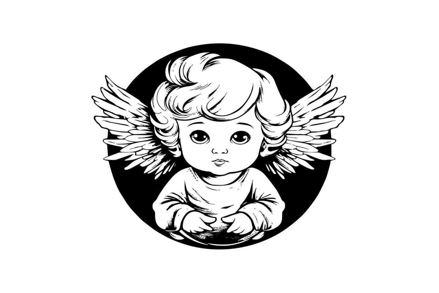 pequeno anjo logótipo vetor retro estilo gravação Preto e branco ilustração. fofa bebê com asas