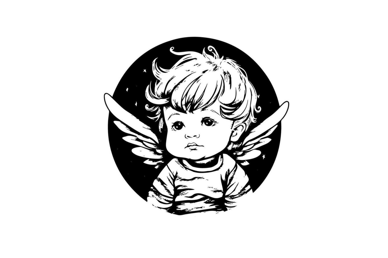 pequeno anjo logótipo vetor retro estilo gravação Preto e branco ilustração. fofa bebê com asas