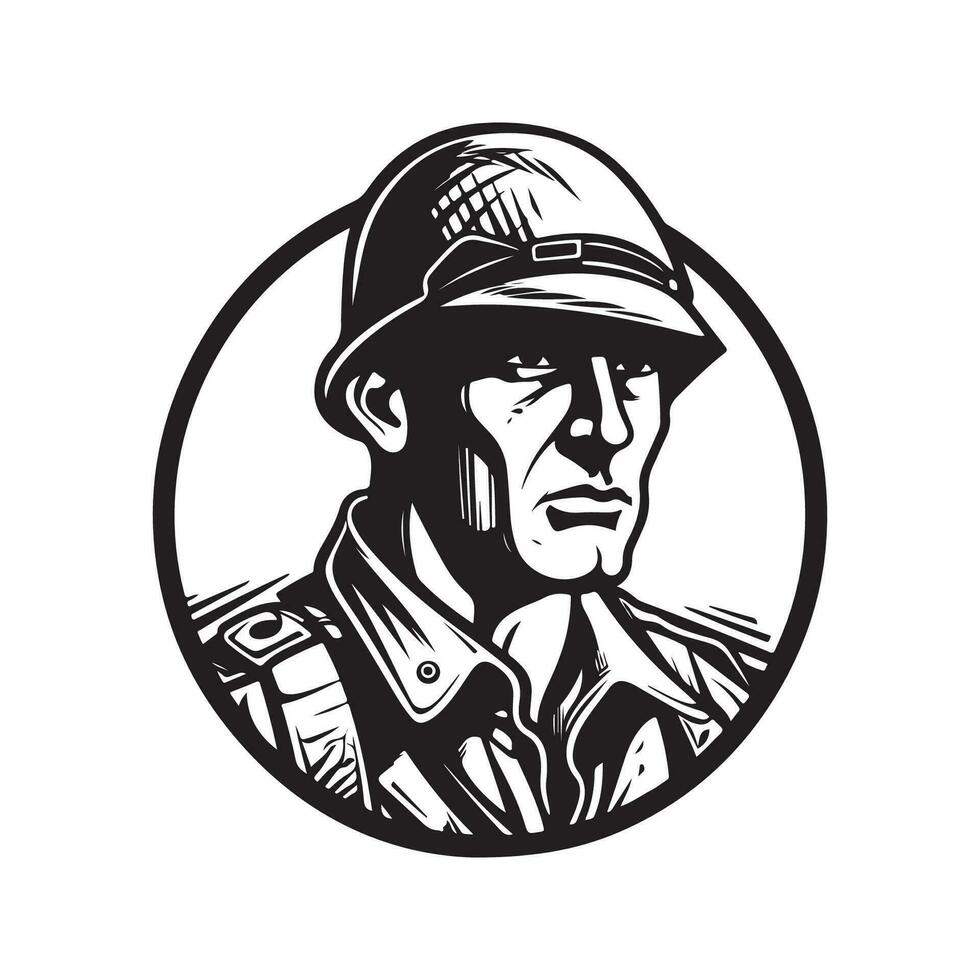 soldado personagem, vintage logotipo linha arte conceito Preto e branco cor, mão desenhado ilustração vetor