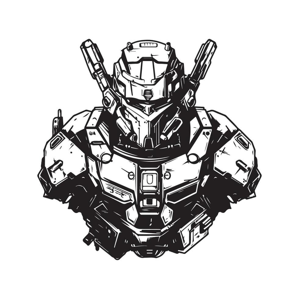 scifi mech guerreiro, vintage logotipo linha arte conceito Preto e branco cor, mão desenhado ilustração vetor