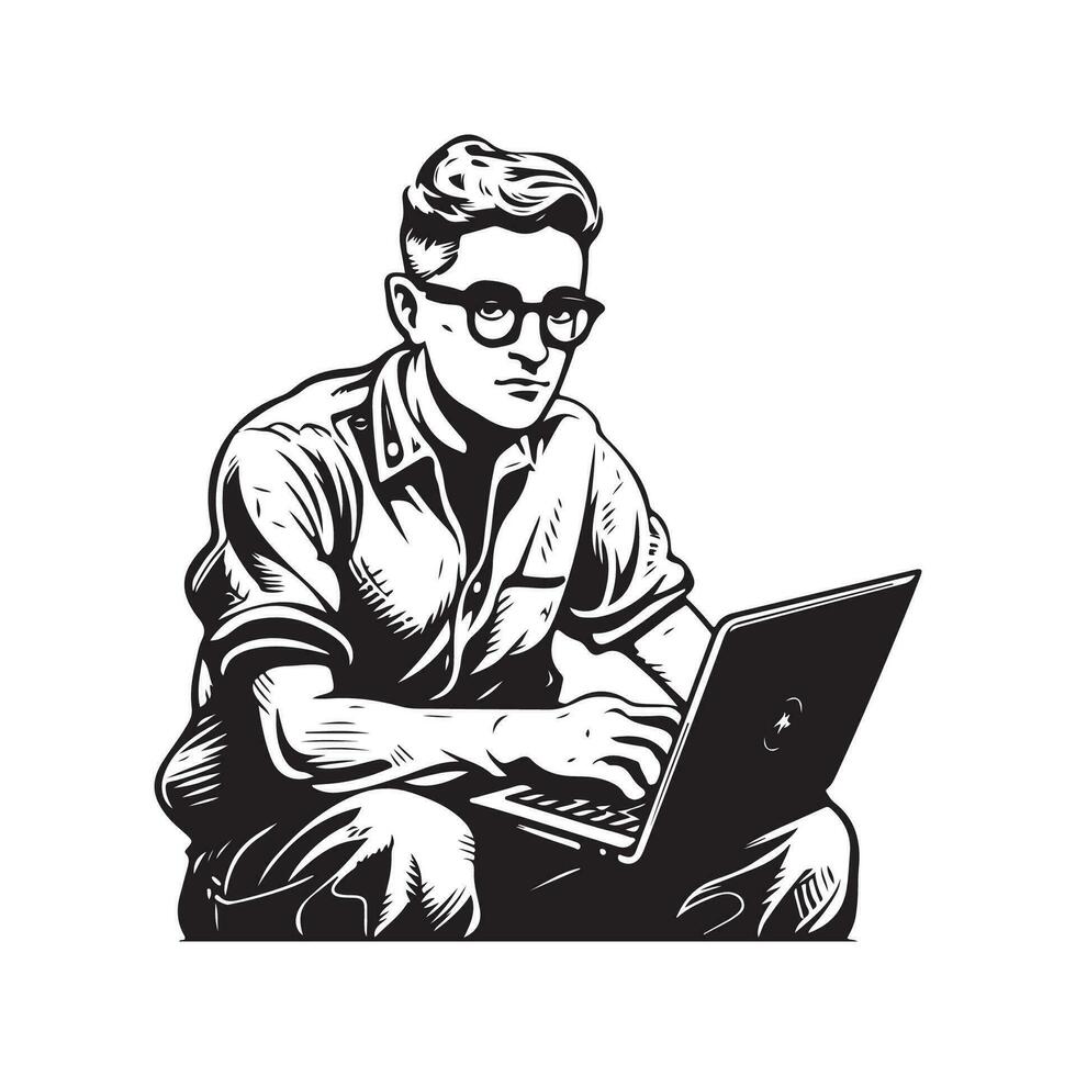 nerd com computador portátil, vintage logotipo linha arte conceito Preto e branco cor, mão desenhado ilustração vetor