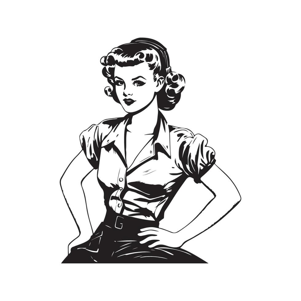 bonita PIN acima garota, vintage logotipo linha arte conceito Preto e branco cor, mão desenhado ilustração vetor