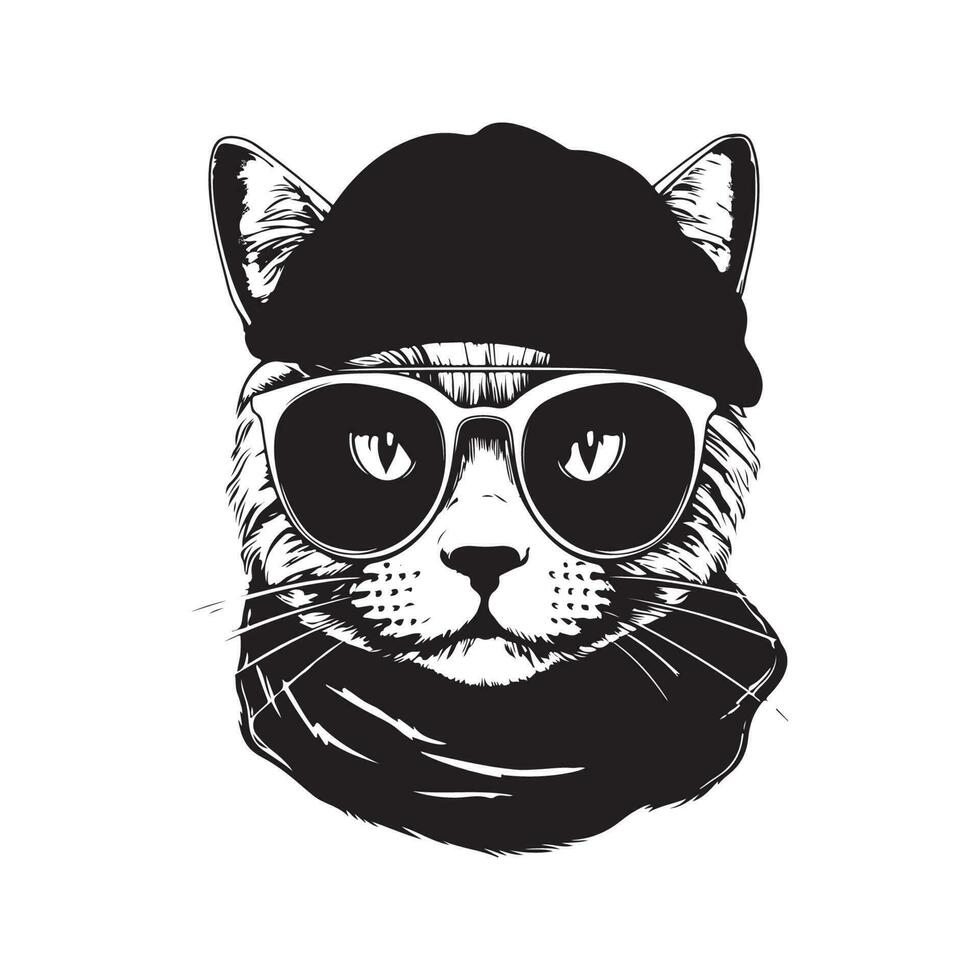 escocês gato vestindo oculos de sol e lenço, vintage logotipo linha arte conceito Preto e branco cor, mão desenhado ilustração vetor