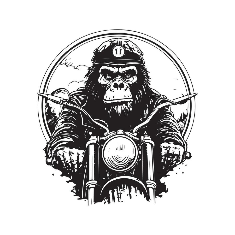 gorila motociclista, vintage logotipo linha arte conceito Preto e branco cor, mão desenhado ilustração vetor