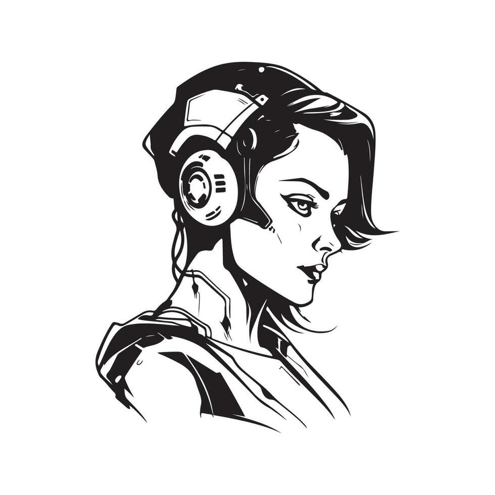 Ciência ficção cyborg fêmea, vintage logotipo linha arte conceito Preto e branco cor, mão desenhado ilustração vetor
