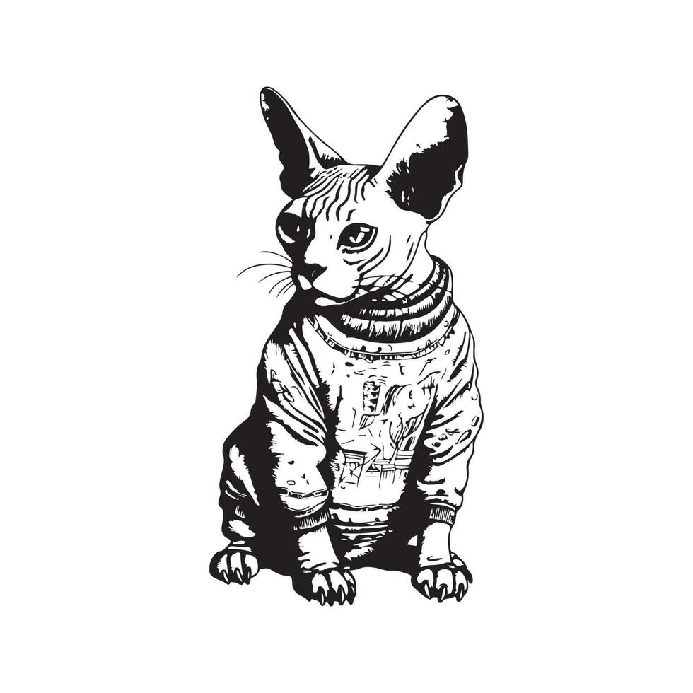 sphynx gato vestindo suéter, vintage logotipo linha arte conceito Preto e branco cor, mão desenhado ilustração vetor