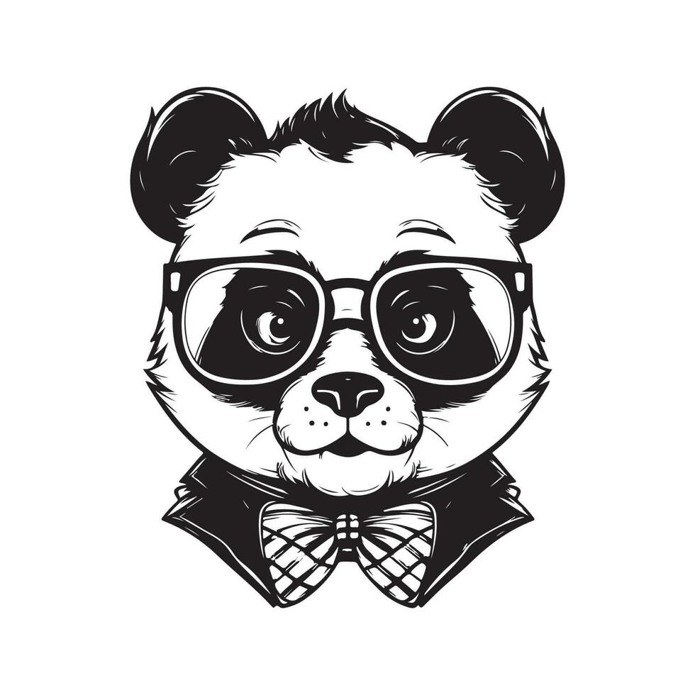 nerd panda garoto, vintage logotipo linha arte conceito Preto e branco cor, mão desenhado ilustração vetor