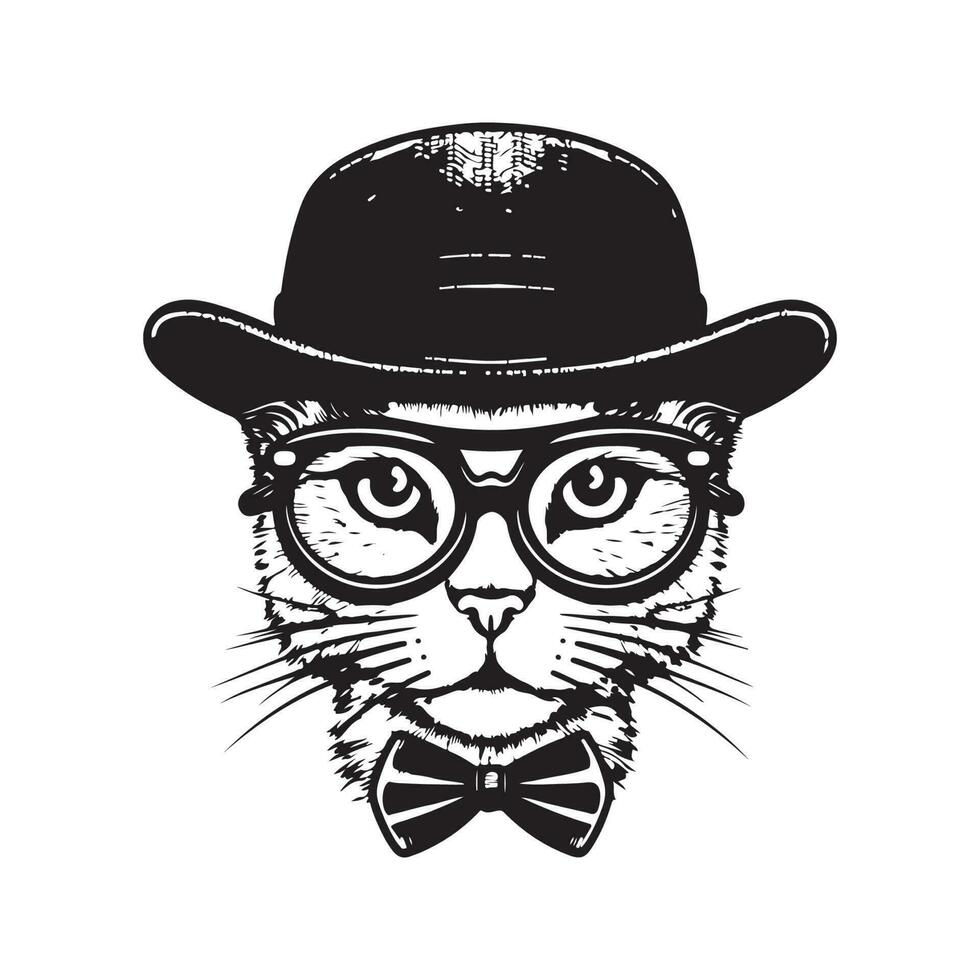 engraçado hipster gato, vintage logotipo linha arte conceito Preto e branco cor, mão desenhado ilustração vetor