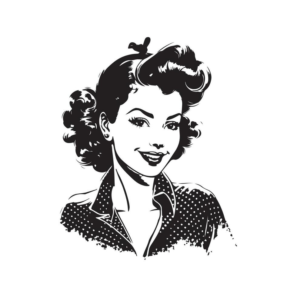 bonita PIN acima garota, vintage logotipo linha arte conceito Preto e branco cor, mão desenhado ilustração vetor