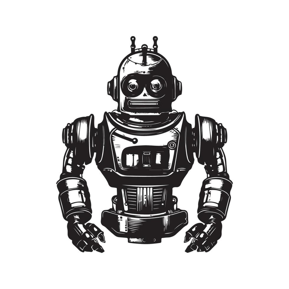futurista robô, vintage logotipo linha arte conceito Preto e branco cor, mão desenhado ilustração vetor