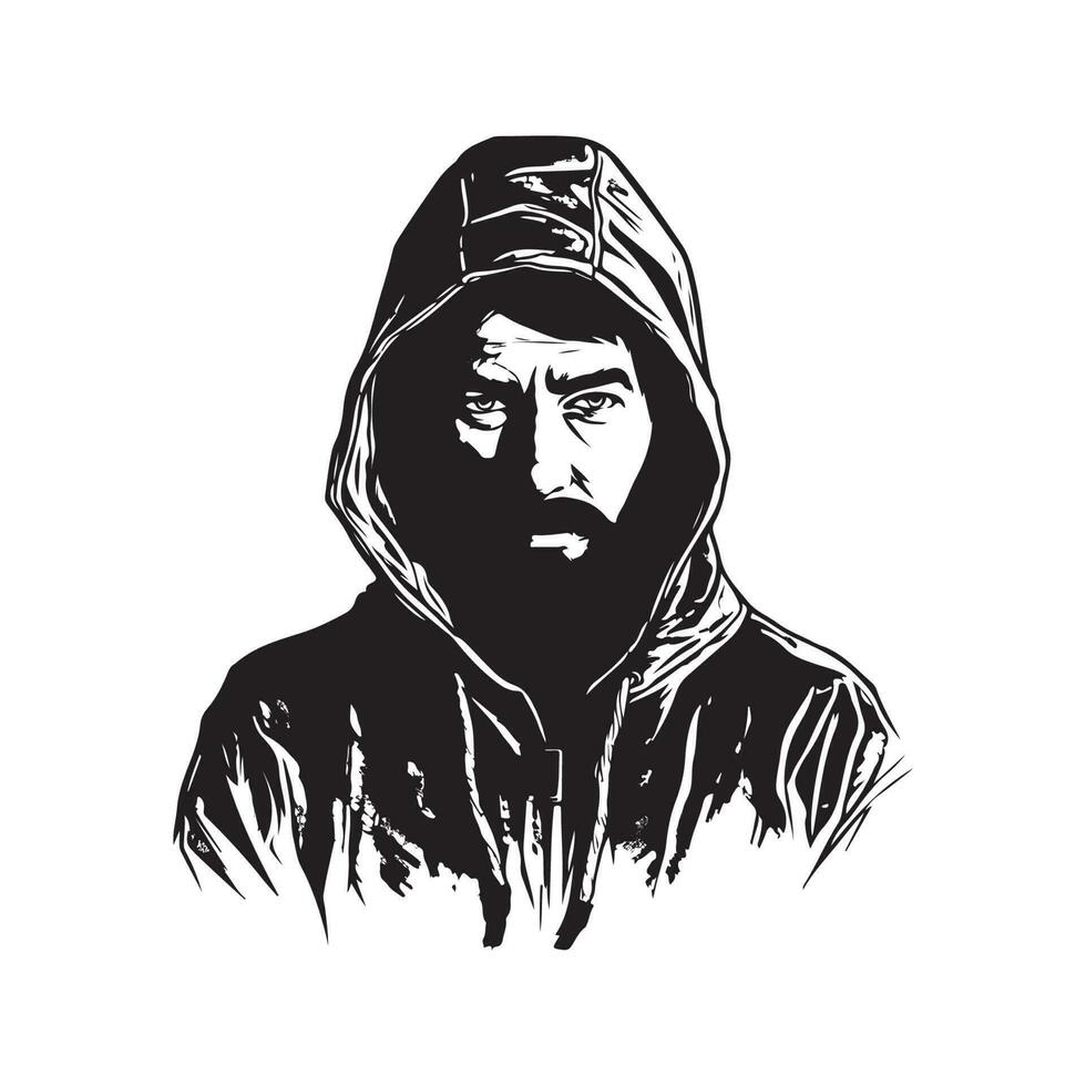 homem dentro capuz, vintage logotipo linha arte conceito Preto e branco cor, mão desenhado ilustração vetor