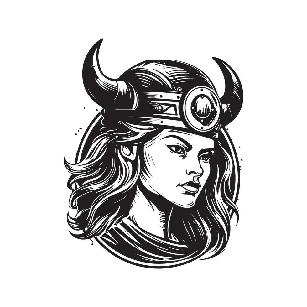 fêmea viking, vintage logotipo linha arte conceito Preto e branco cor, mão desenhado ilustração vetor