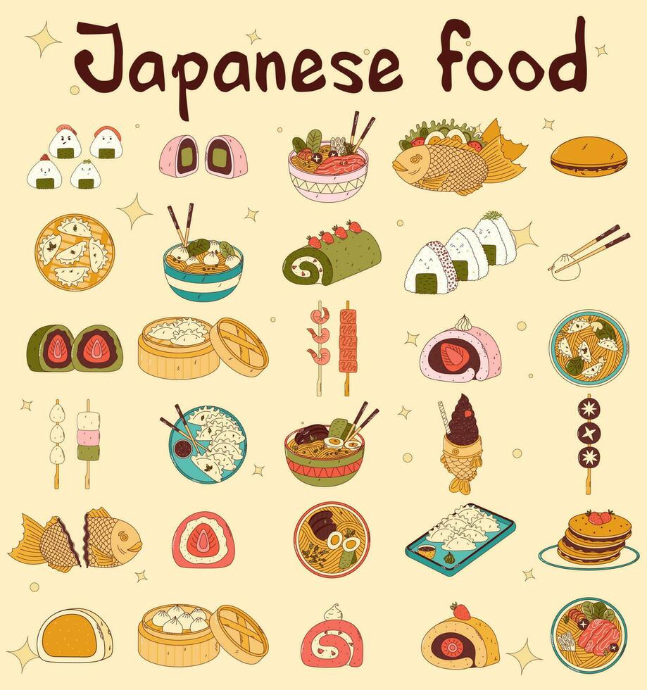 tradicional japonês Comida. ásia yakitori espetos, ramen, dumplings, taiyaki, matcha bolo rolar, shabu shabu, onigiri, wonton, daifuku. vetor ilustração